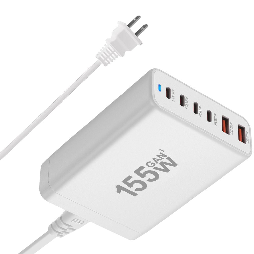 155W GaN 6-Port USB-C Charger with advanced GaN technology, featuring four USB-C PD ports and two USB-A QC 3.0 ports for fast and efficient multi-device charging. Compact and lightweight design suitable for home, office, and travel use.