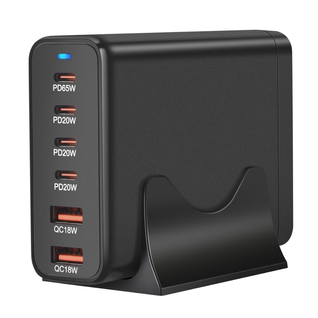 155W GaN 6-Port USB-C Charger with advanced GaN technology, featuring four USB-C PD ports and two USB-A QC 3.0 ports for fast and efficient multi-device charging. Compact and lightweight design suitable for home, office, and travel use.