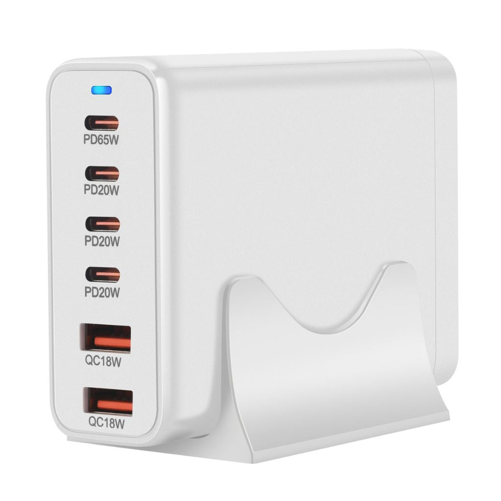 155W GaN 6-Port USB-C Charger with advanced GaN technology, featuring four USB-C PD ports and two USB-A QC 3.0 ports for fast and efficient multi-device charging. Compact and lightweight design suitable for home, office, and travel use.