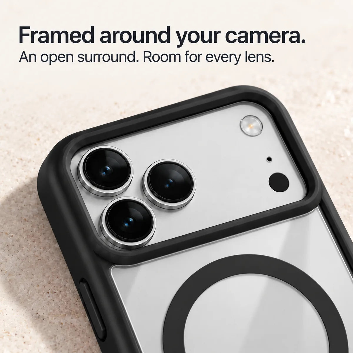 Black phone case frame surrounding the wide rear camera opening. #color_Midnight Black
