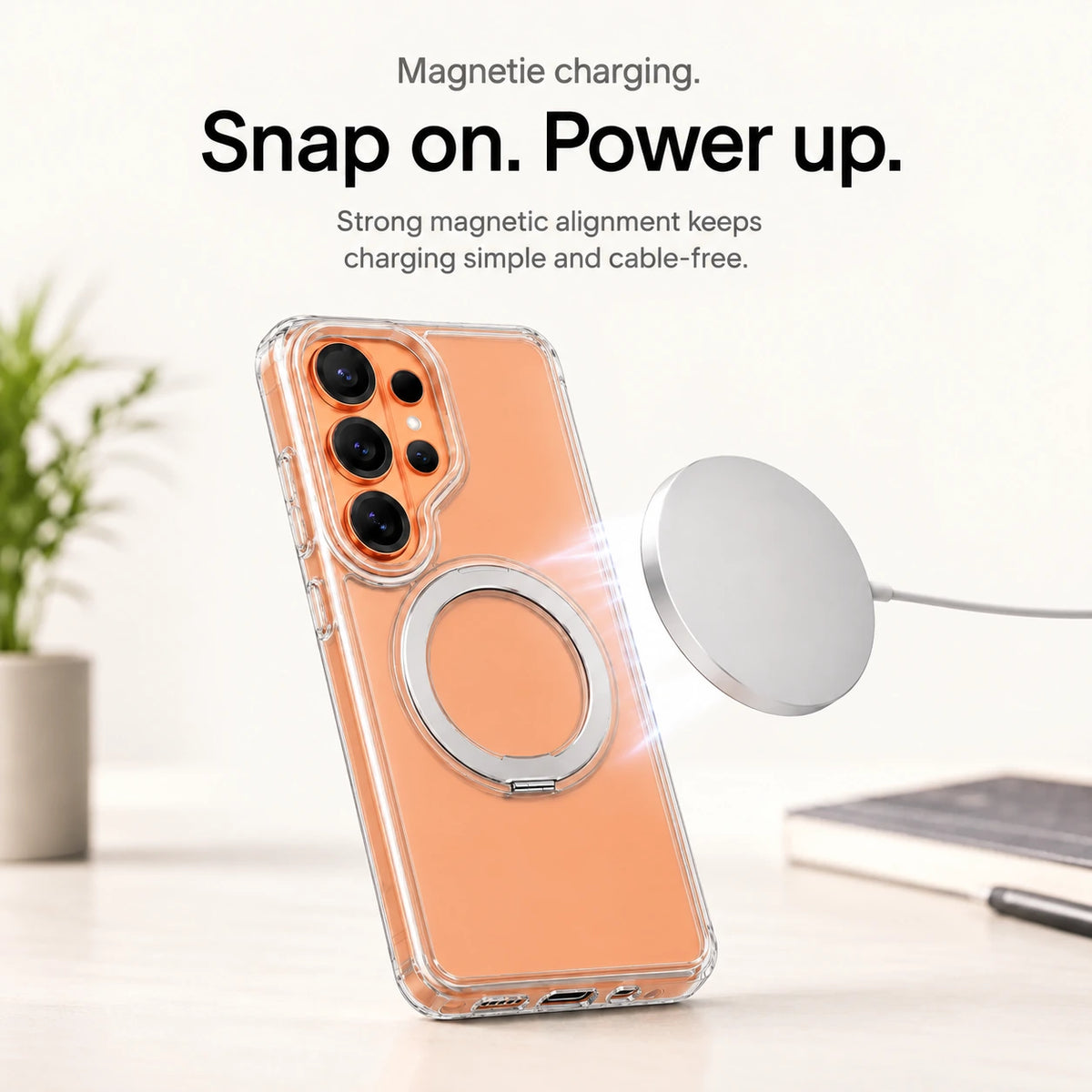 Clear ring stand phone case aligned with a white wireless charging puck #color_Transparent