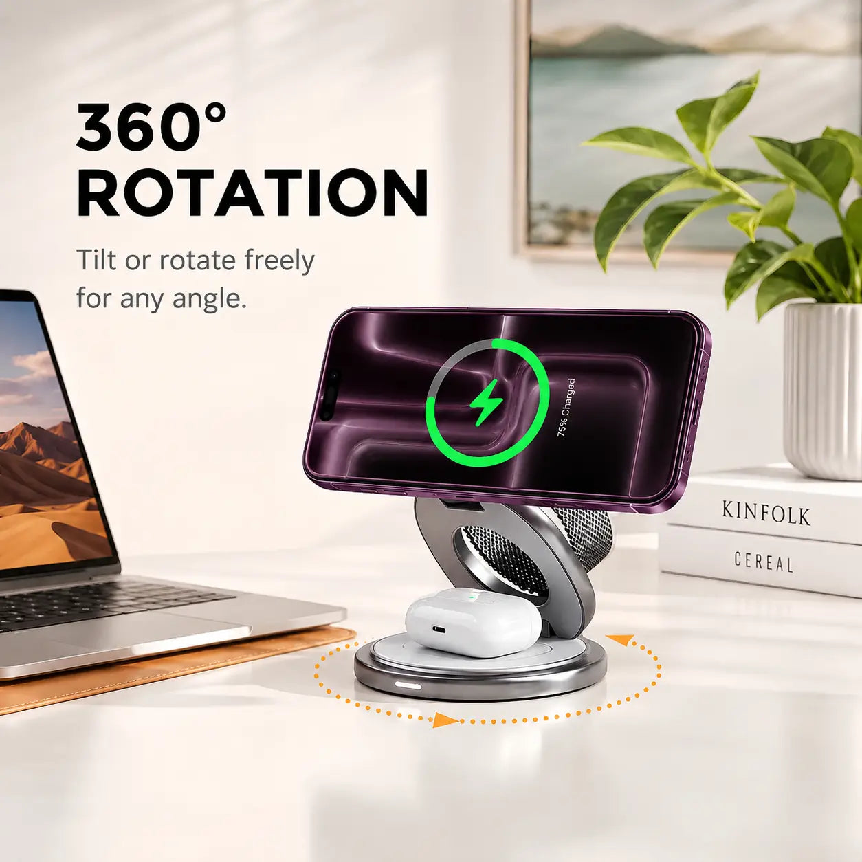 MagFold Qi2 Twist charging an iPhone in horizontal 360-degree rotating mode