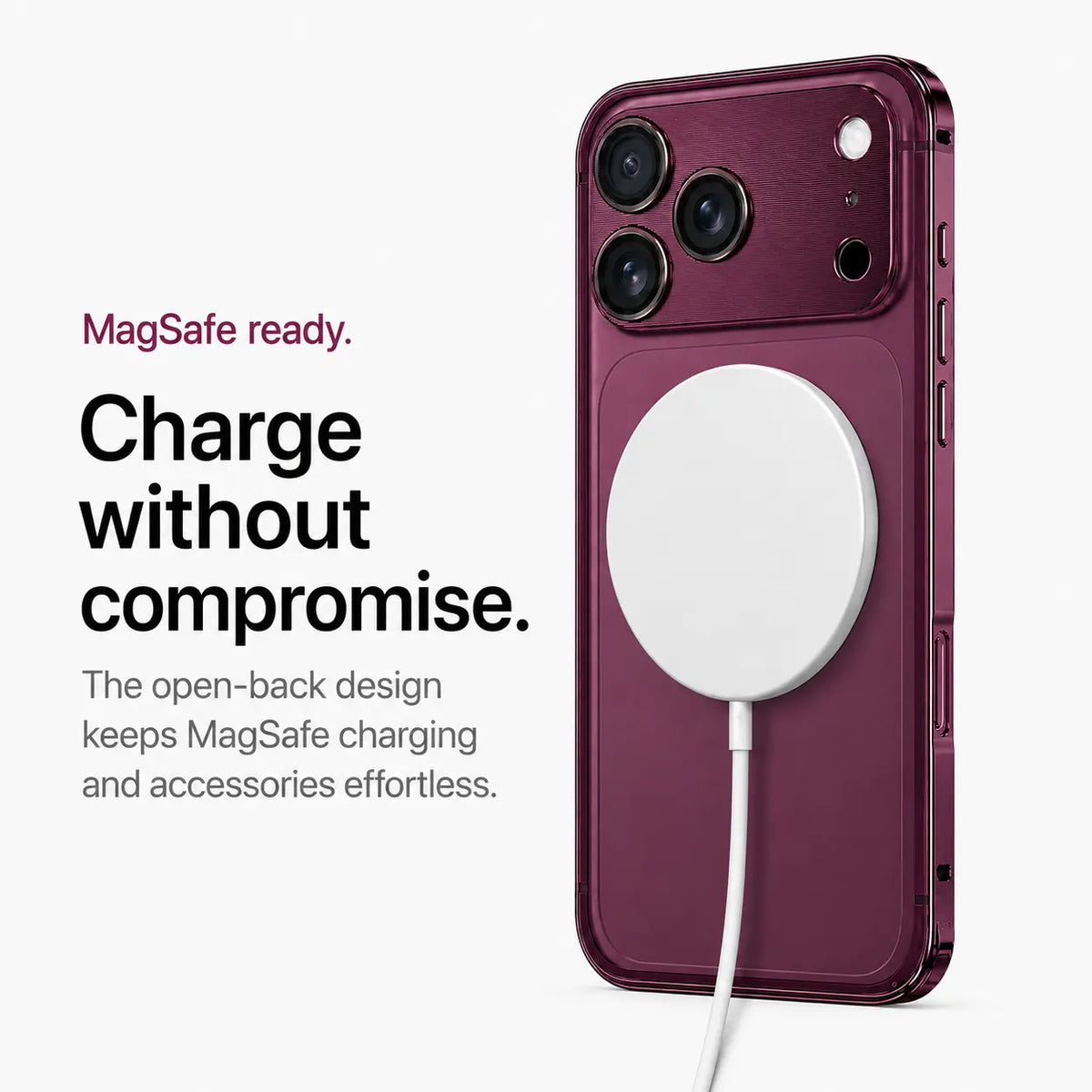 Burgundy aluminum bumper phone case attached to a white wireless charging puck #color_Burgundy