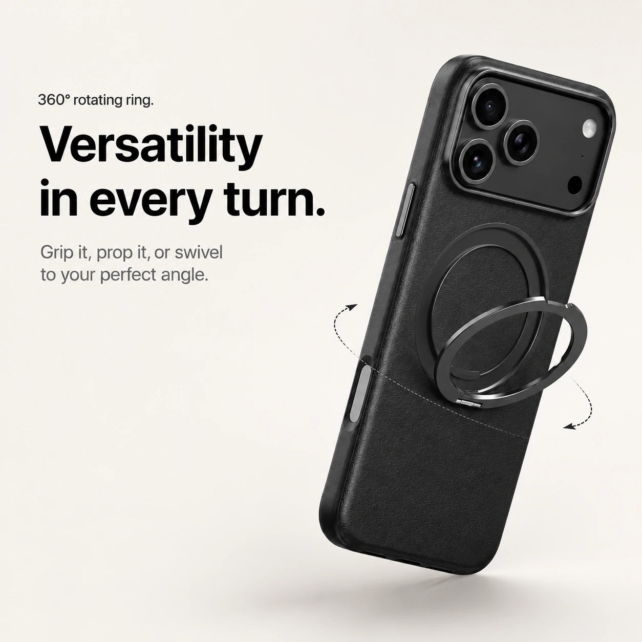 Black leather phone case with an adjustable ring stand and rotation arrows #color_Midnight Black