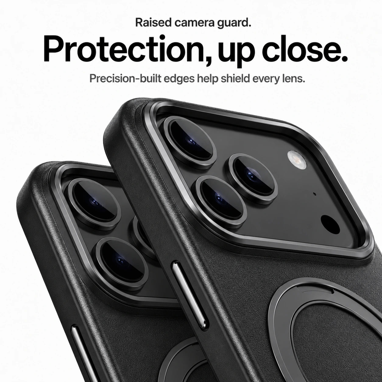Black leather phone cases in close-up showing raised camera guards and lens trim #color_Midnight Black