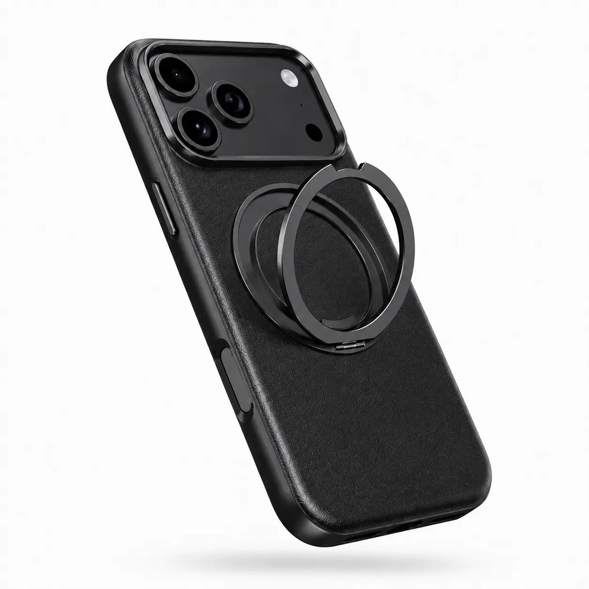 Black leather phone case with an open rotating ring stand on a white background #color_Midnight Black