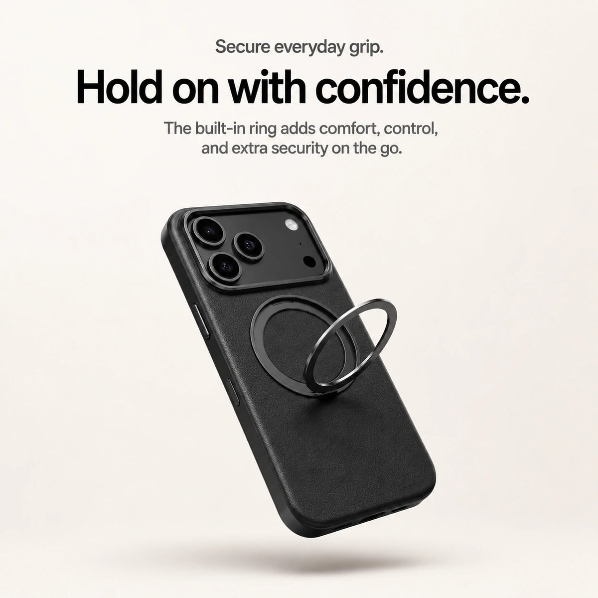 Black leather phone case showing its raised circular finger grip #color_Midnight Black