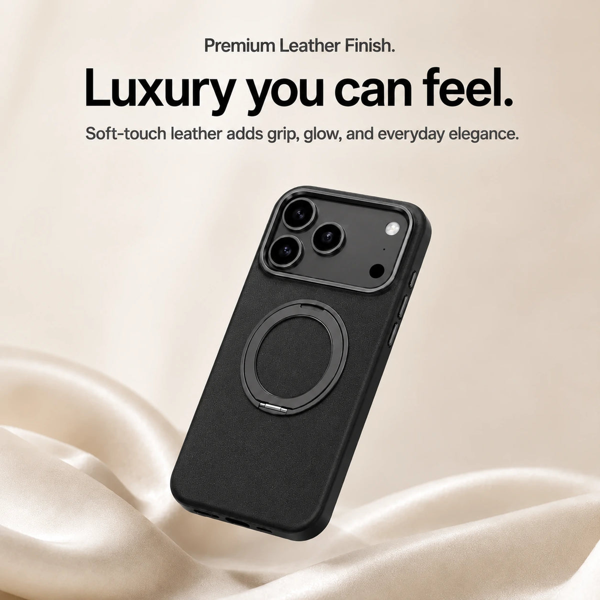 Black leather phone case with a closed ring stand above soft cream fabric #color_Midnight Black