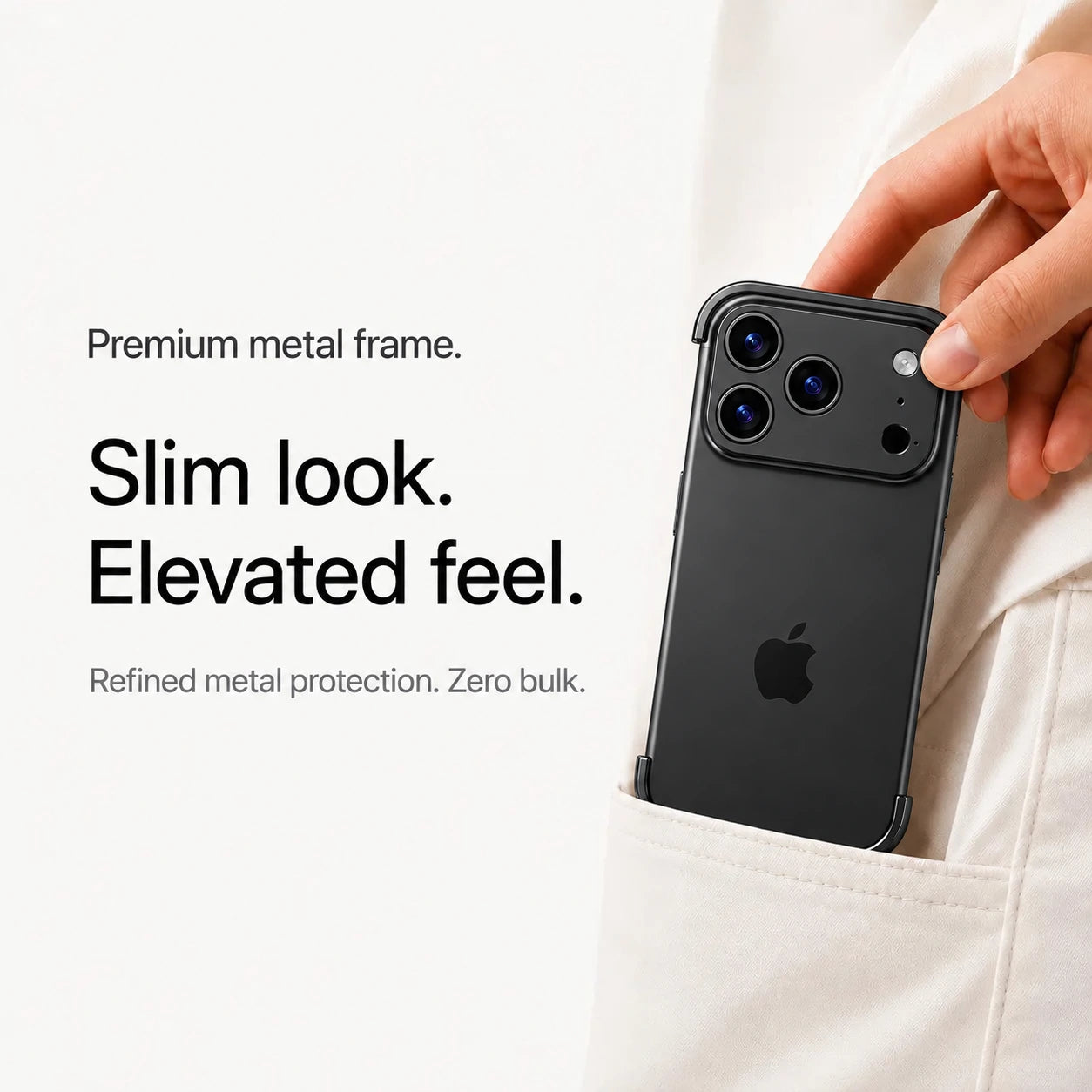 Black minimal metal phone case being placed in a light fabric pocket #color_Midnight Black