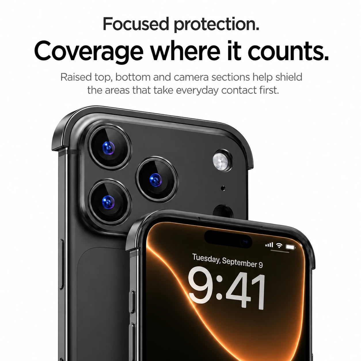 Black minimal metal phone case showing raised camera protection and front edge coverage #color_Midnight Black