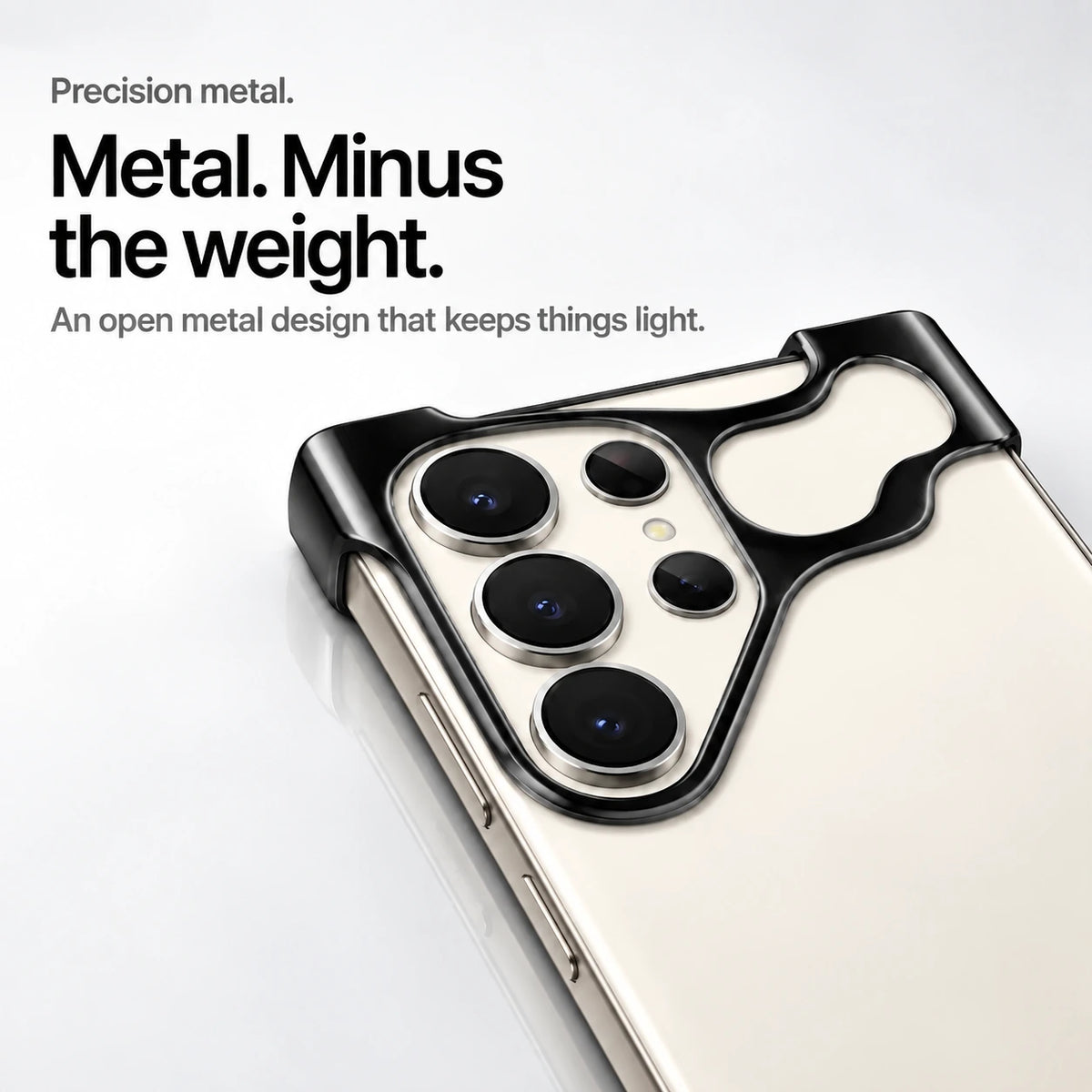 Black open metal phone bumper case with a close view of its camera frame #color_Black