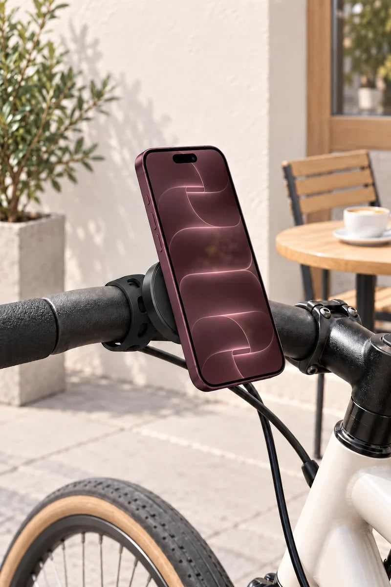 Black magnetic holder supporting a phone on a parked bicycle.