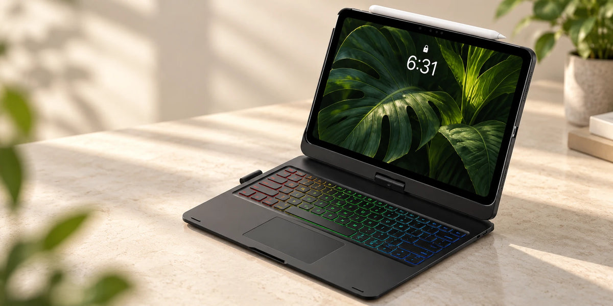 Black tablet keyboard case open on a desk, showing its backlit keyboard and built-in trackpad.