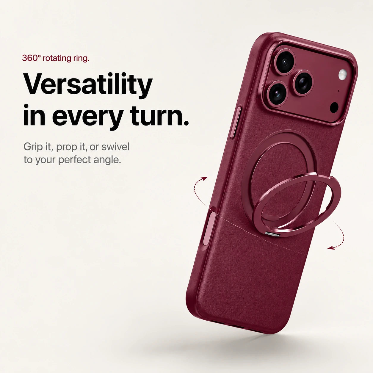 Burgundy leather phone case with an adjustable ring stand and rotation arrows #color_Cherry Red