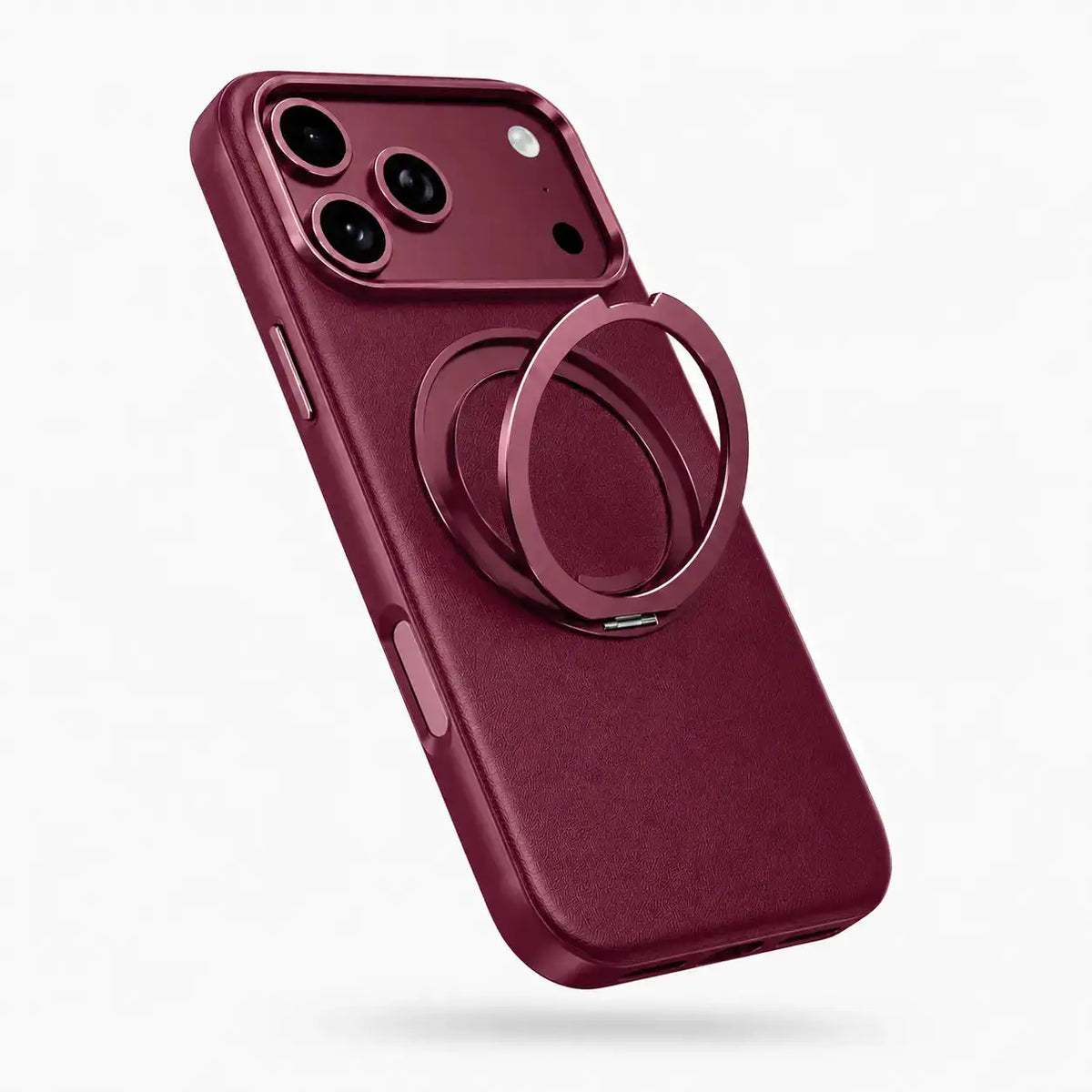 Burgundy leather phone case with an open rotating ring stand on a white background #color_Cherry Red
