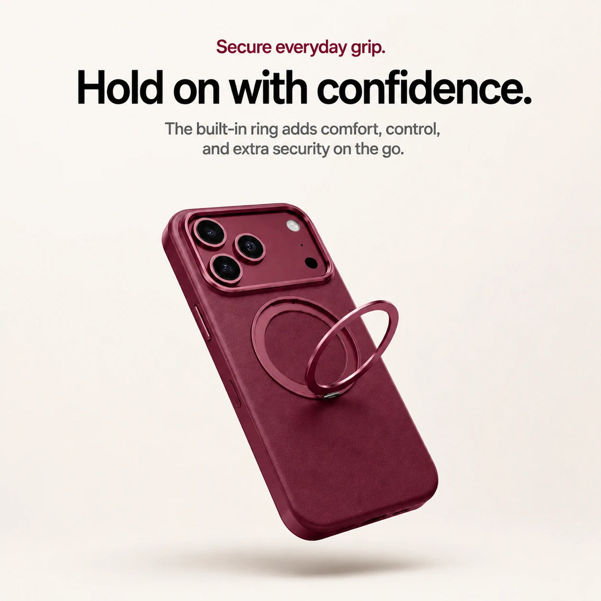 Burgundy leather phone case showing its raised circular finger grip #color_Cherry Red