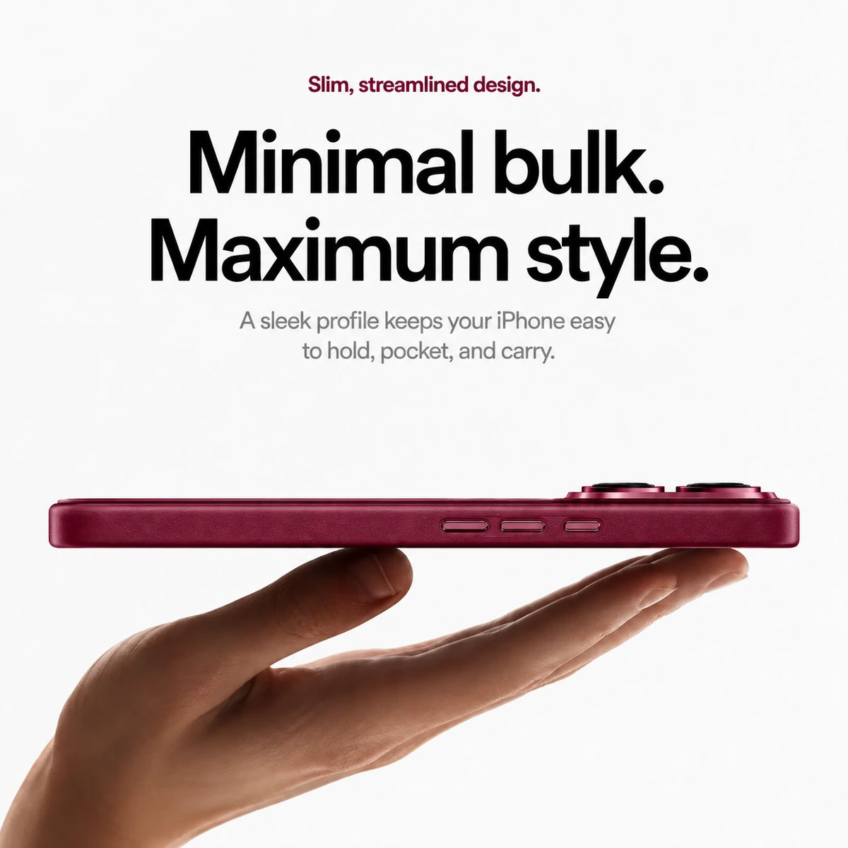 Burgundy slim leather phone case resting on a hand in a side profile view #color_Cherry Red
