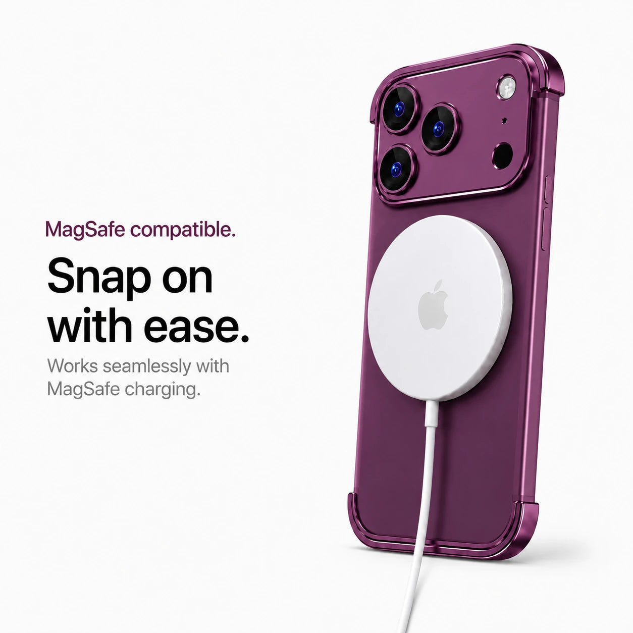 Dark purple minimal metal phone case connected to a white wireless charging puck #color_Dark Cherry