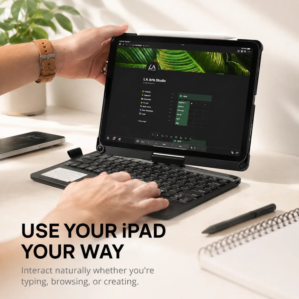 Midnight Black rotating tablet keyboard case adjusting the tablet position #color_Midnight Black