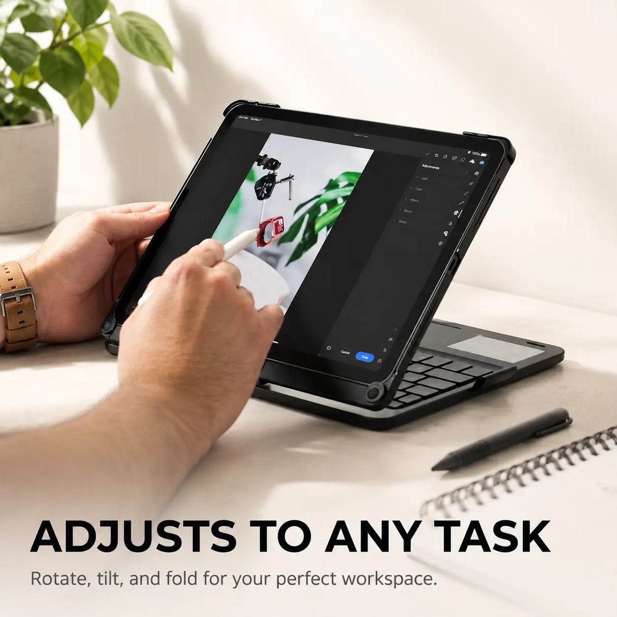 Midnight Black rotating tablet keyboard case rotated for drawing #color_Midnight Black