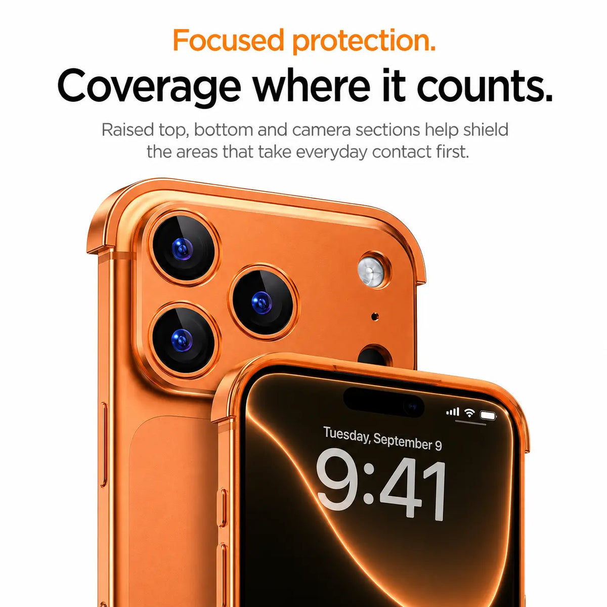 Orange open-edge phone case showing raised top, bottom and camera protection #color_Cosmic Orange