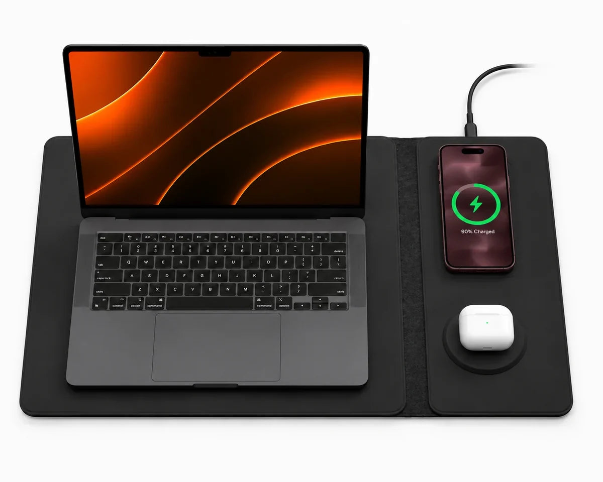 Midnight Black wireless charging laptop sleeve with two charging areas. #color_Midnight Black