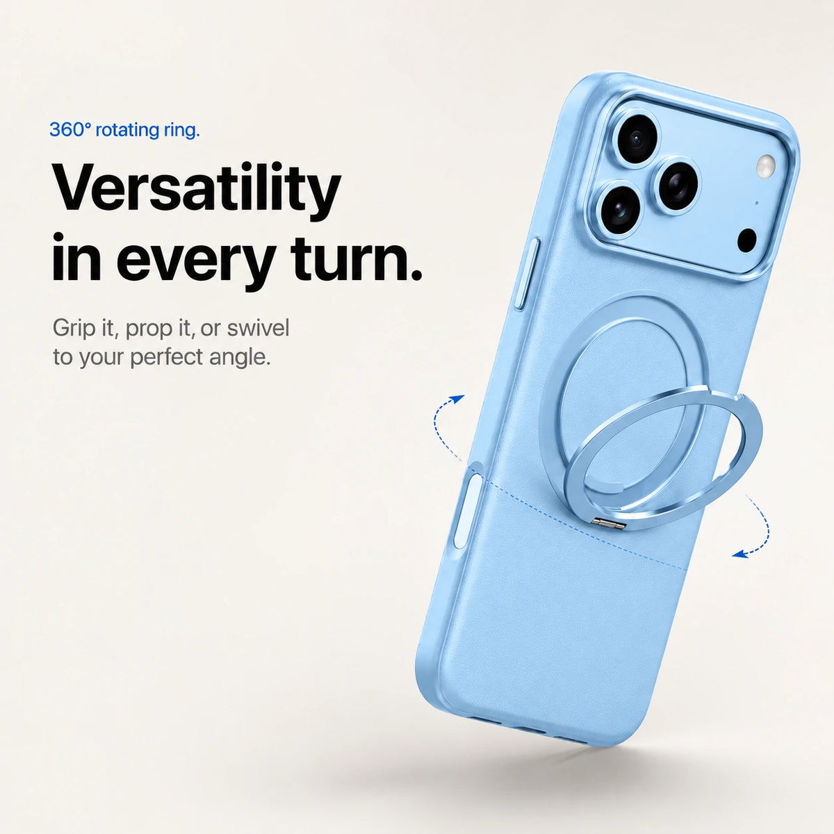 Light blue leather phone case with an adjustable ring stand and rotation arrows #color_Light Blue