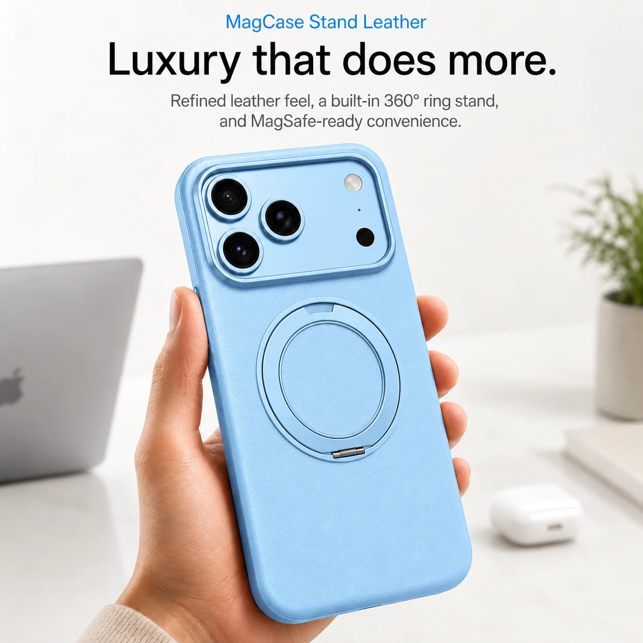 Light blue leather phone case held upright at a desk with the ring stand folded flat #color_Light Blue