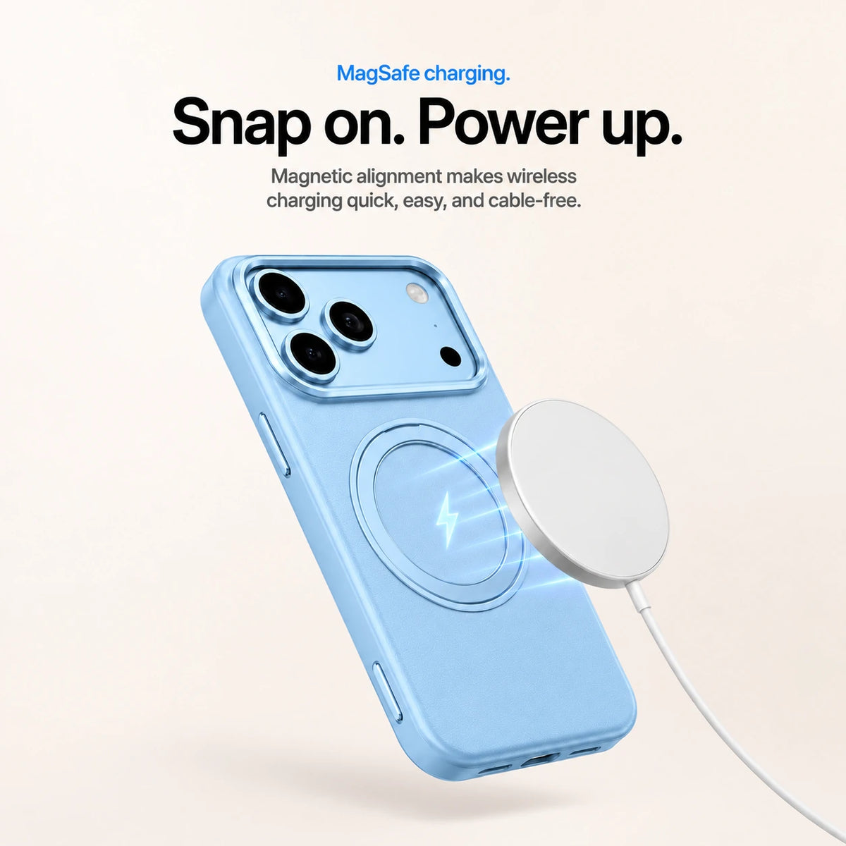 Light blue leather phone case beside a round magnetic wireless charger and white cable #color_Light Blue