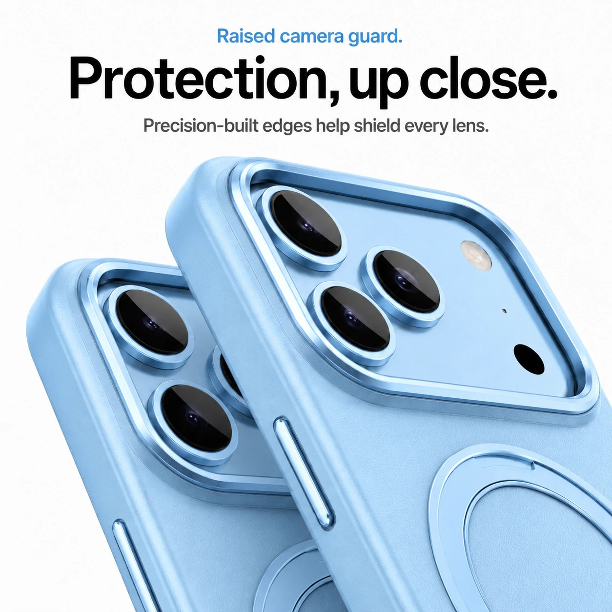 Light blue leather phone cases in close-up showing raised camera guards and lens trim #color_Light Blue