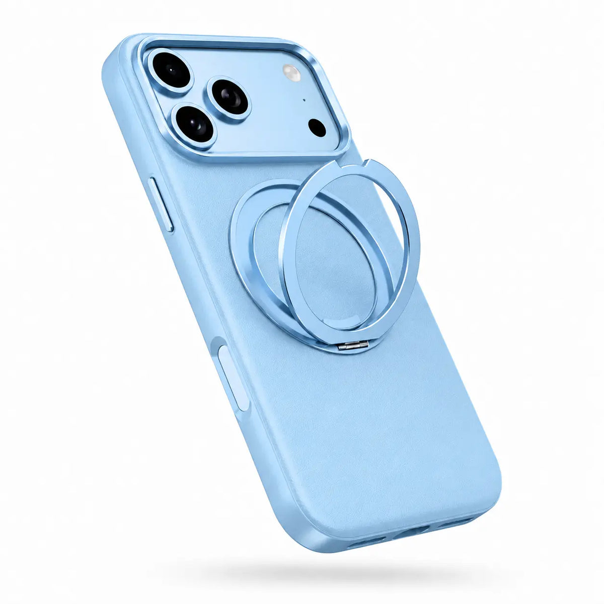 Light blue leather phone case with an open rotating ring stand on a white background #color_Light Blue