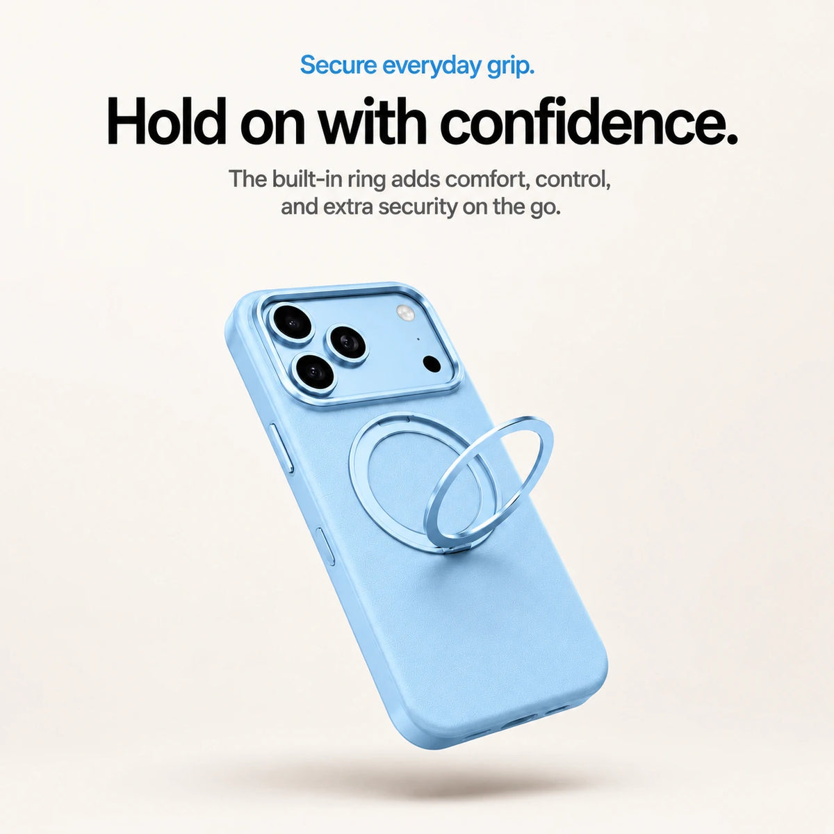 Light blue leather phone case showing its raised circular finger grip #color_Light Blue