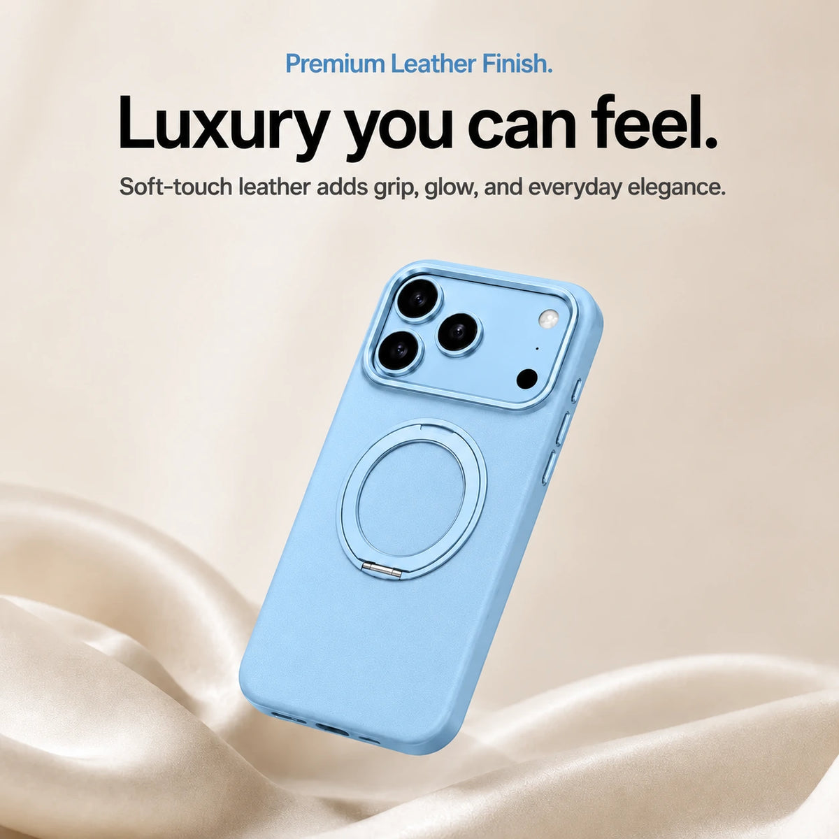 Light blue leather phone case with a closed ring stand above soft cream fabric #color_Light Blue