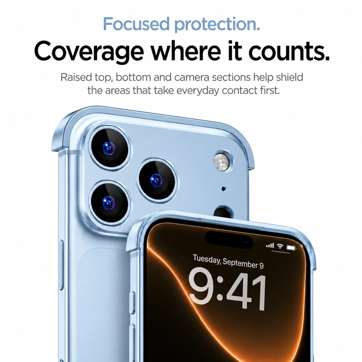 Light blue minimal metal phone case showing raised camera protection and front edge coverage #color_Light Blue