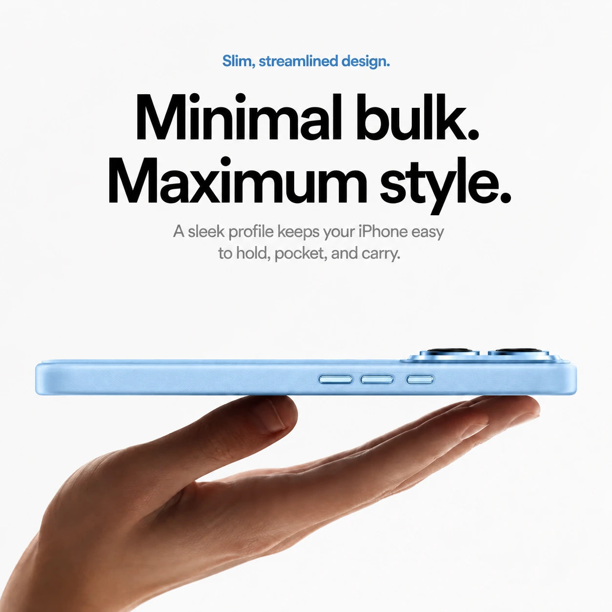 Light blue slim leather phone case resting on a hand in a side profile view #color_Light Blue