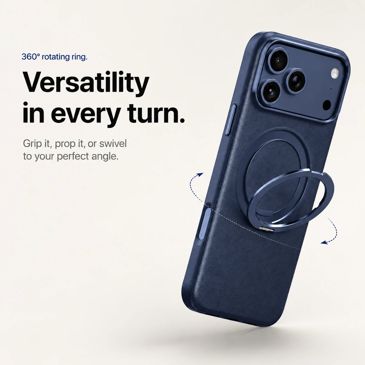 Navy blue leather phone case with an adjustable ring stand and rotation arrows #color_Deep Blue