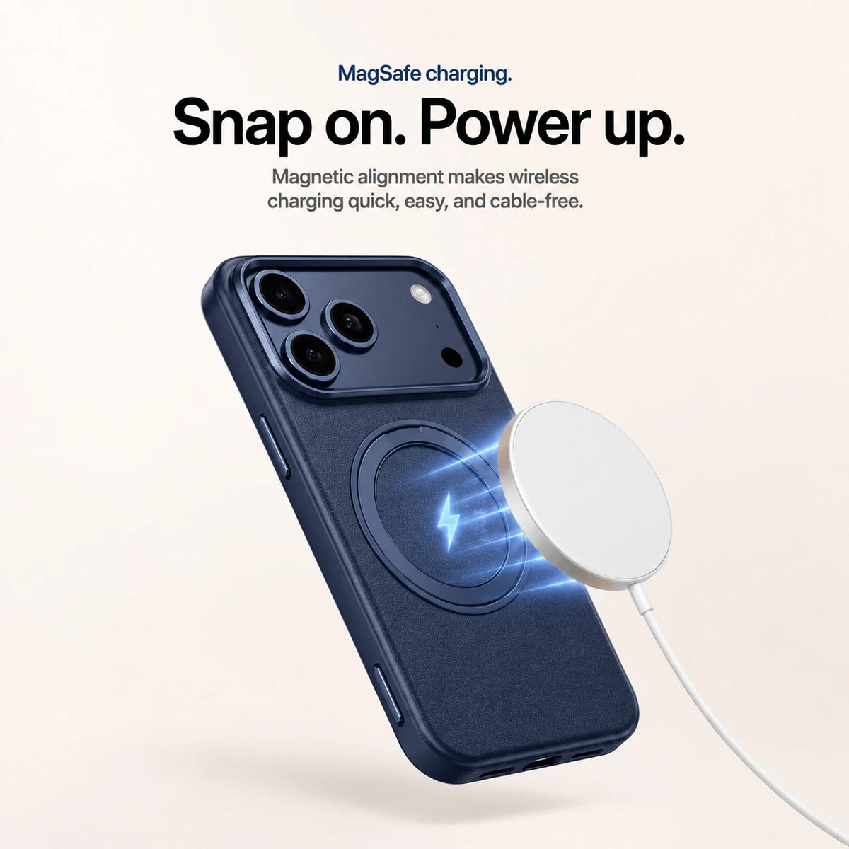 Navy blue leather phone case beside a round magnetic wireless charger and white cable #color_Deep Blue