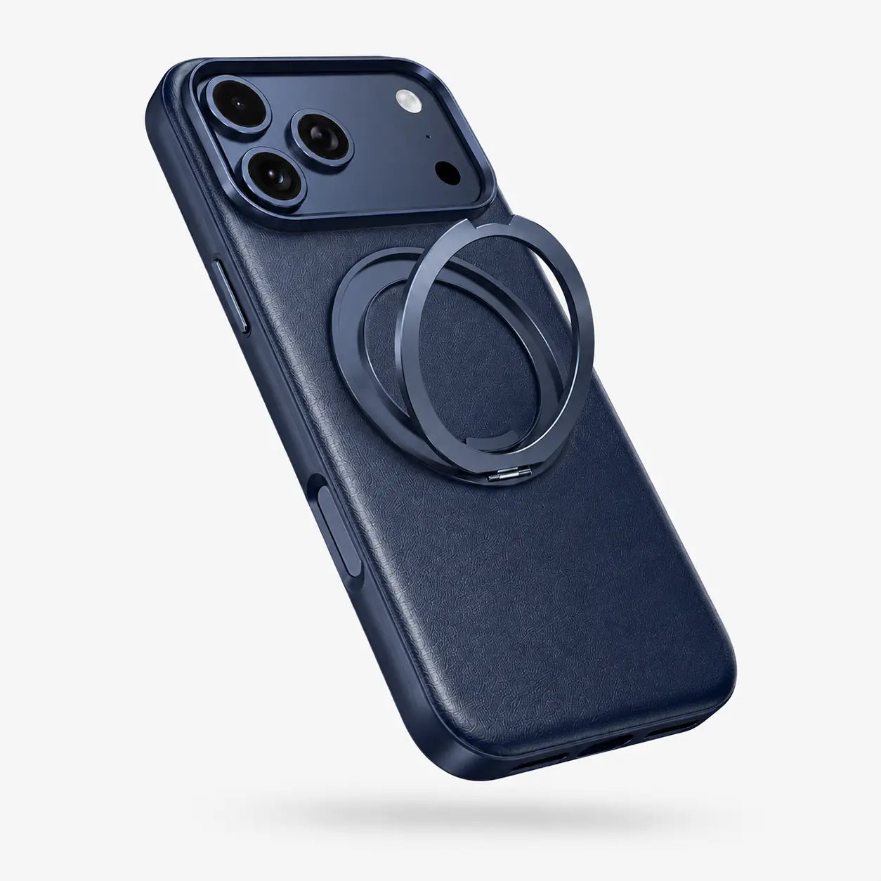 Navy blue leather phone case with an open rotating ring stand on a white background #color_Deep Blue