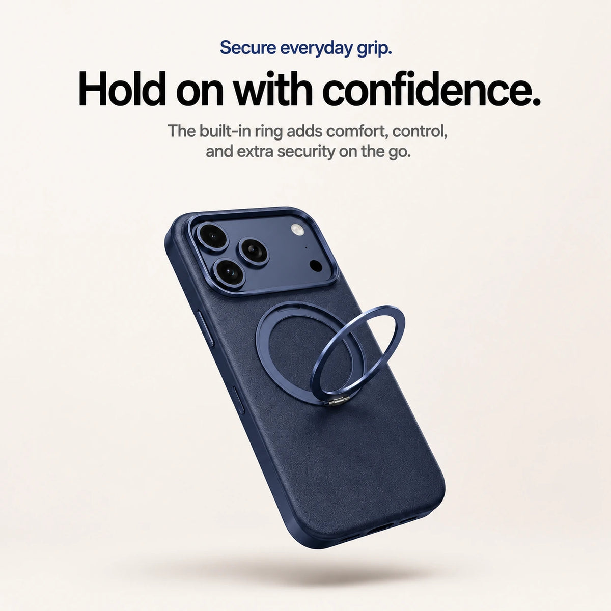 Navy blue leather phone case showing its raised circular finger grip #color_Deep Blue