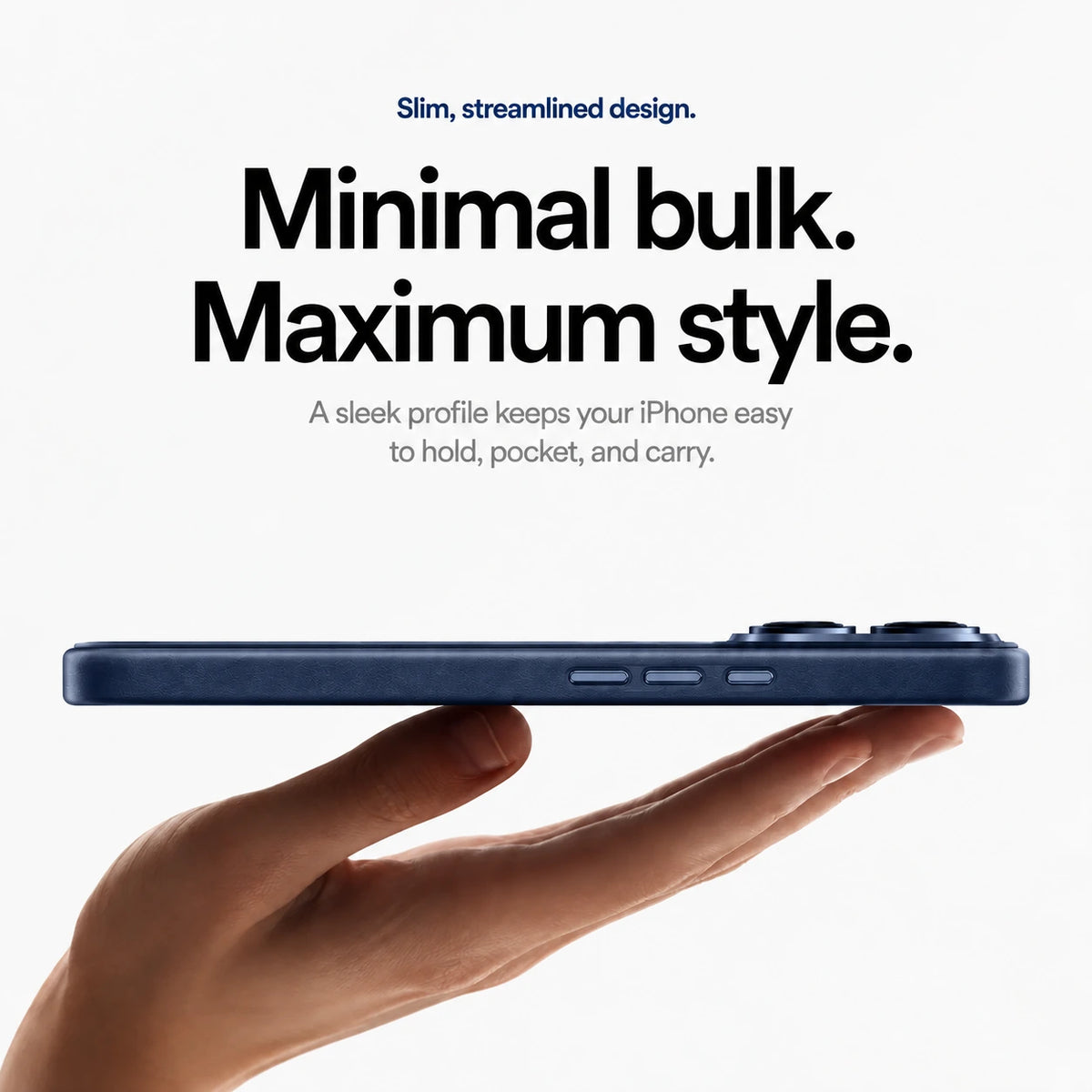 Navy blue slim leather phone case resting on a hand in a side profile view #color_Deep Blue