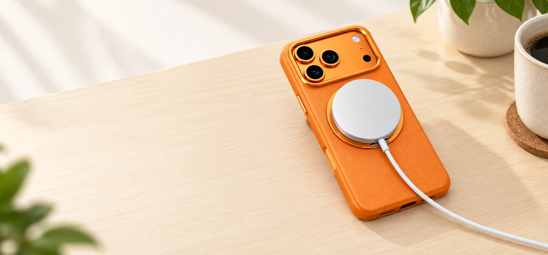Original orange leather case with a correctly sized magnetic charging puck attached to the center of its back.