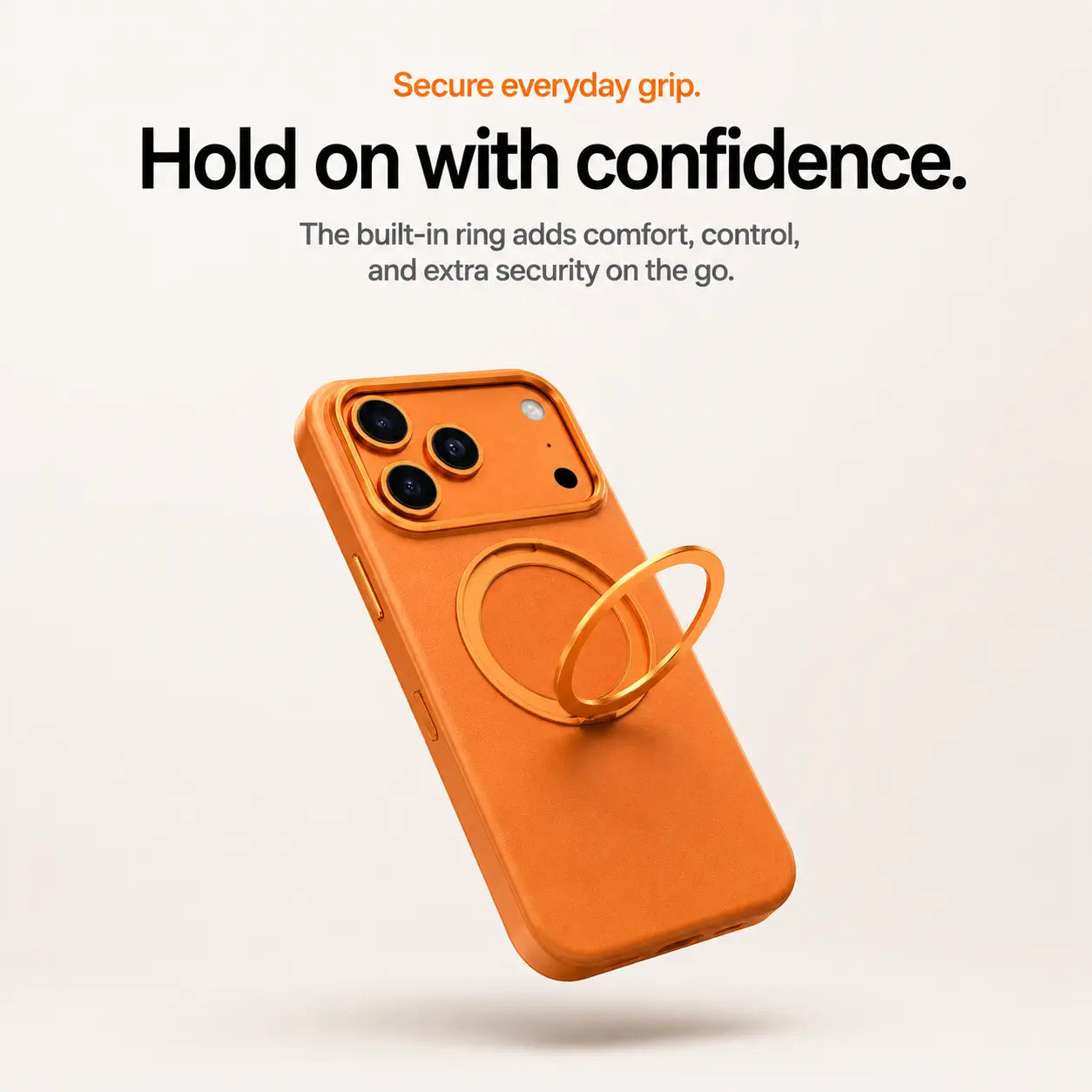 Orange leather phone case showing its raised circular finger grip #color_Cosmic Orange