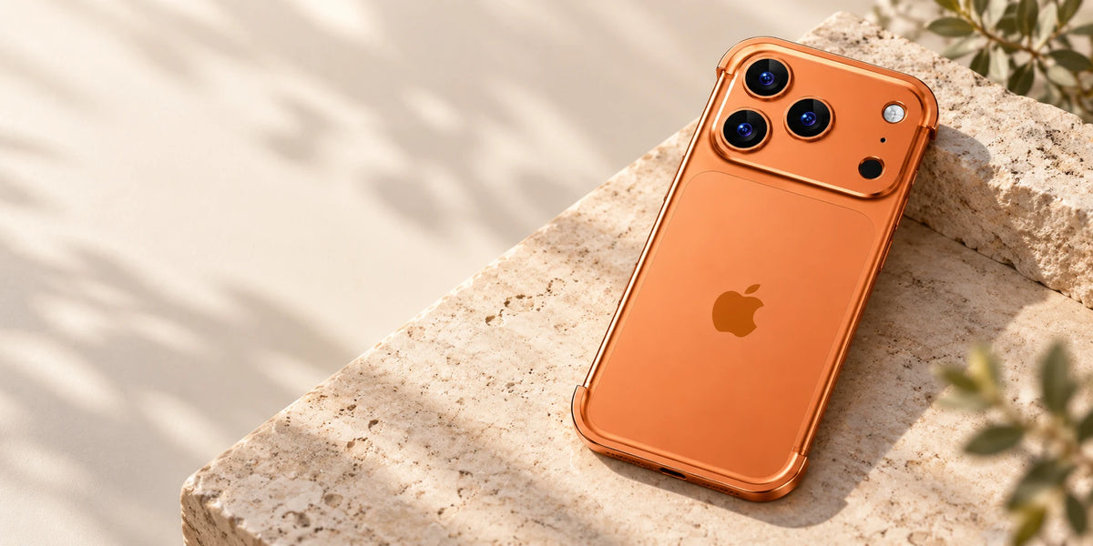 Orange phone with minimal metal top and bottom bumper guards on a stone desk.