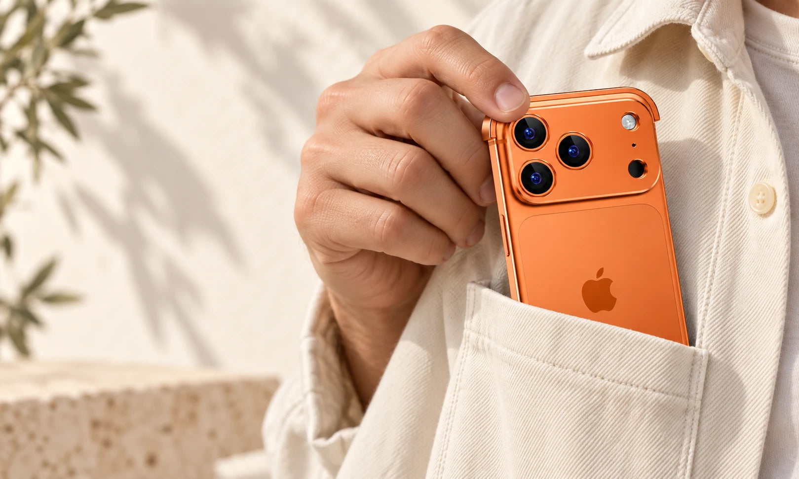 Hand slipping an orange phone with minimal metal bumper guards into an ivory shirt pocket.