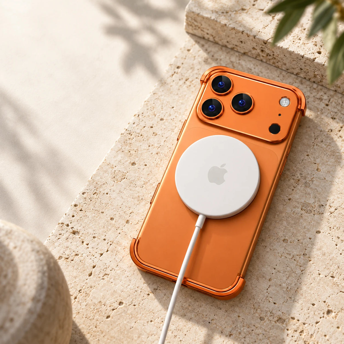 White magnetic charging puck attached to an orange phone with minimal metal bumper guards.