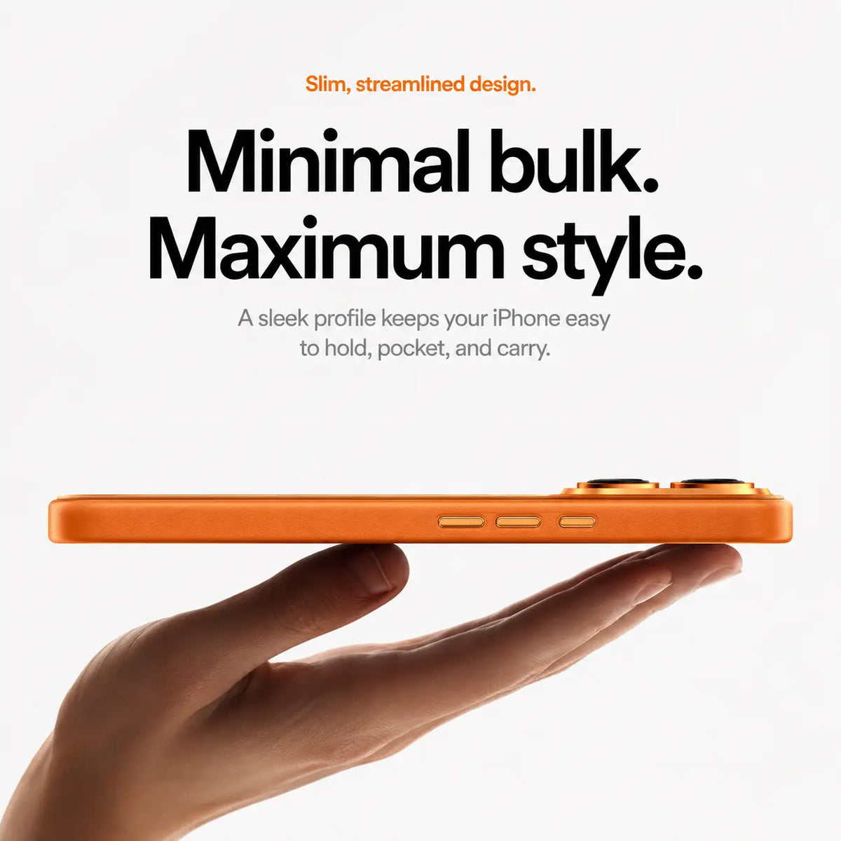 Orange slim leather phone case resting on a hand in a side profile view #color_Cosmic Orange