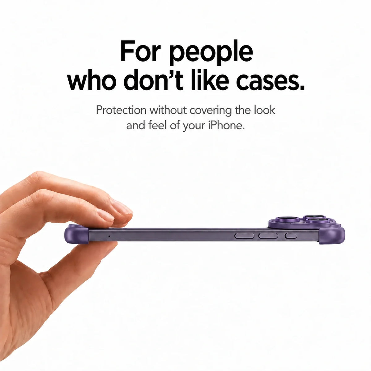 Purple slim phone bumper held horizontally to show its thin side profile #color_Lavender