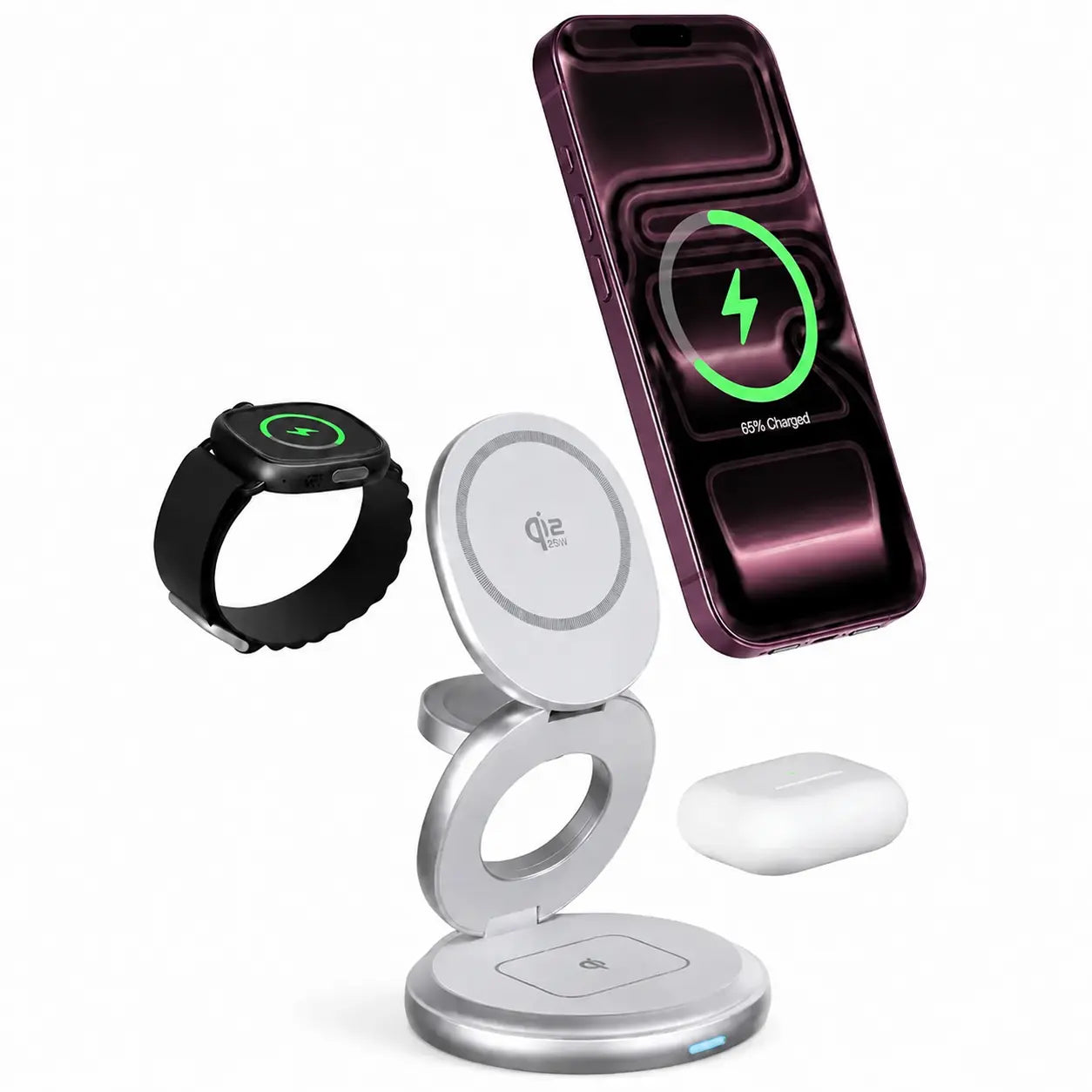 MagFold Qi2 Twist 25W charger with iPhone, Apple Watch and AirPods
