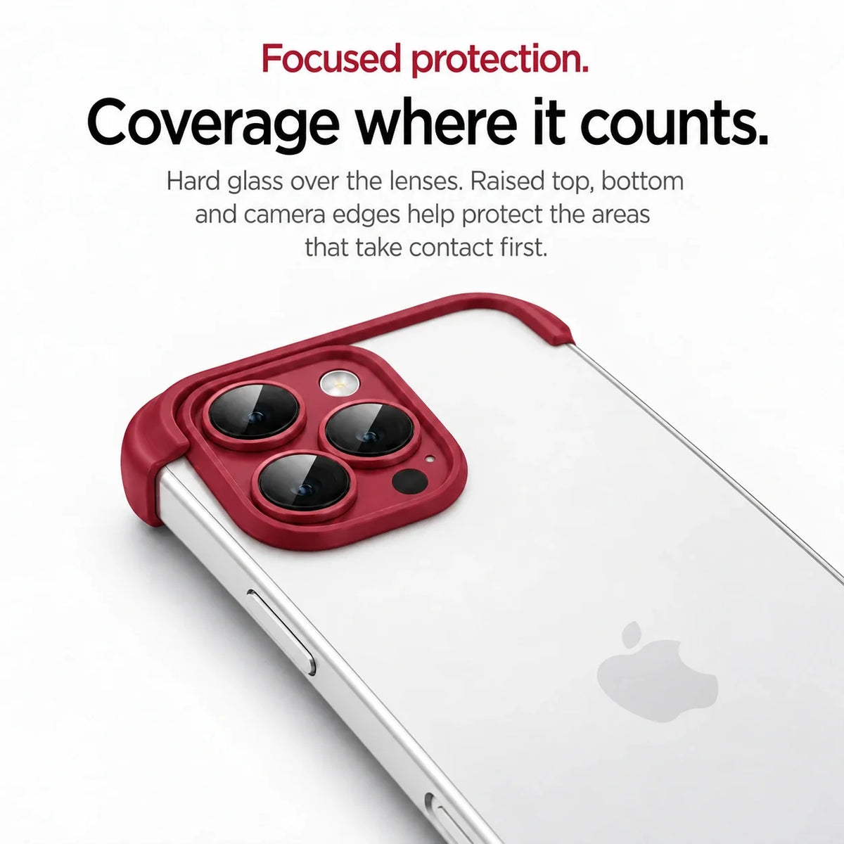 Red phone bumper in close-up showing the raised camera surround and clear lens covers #color_Crimson Red
