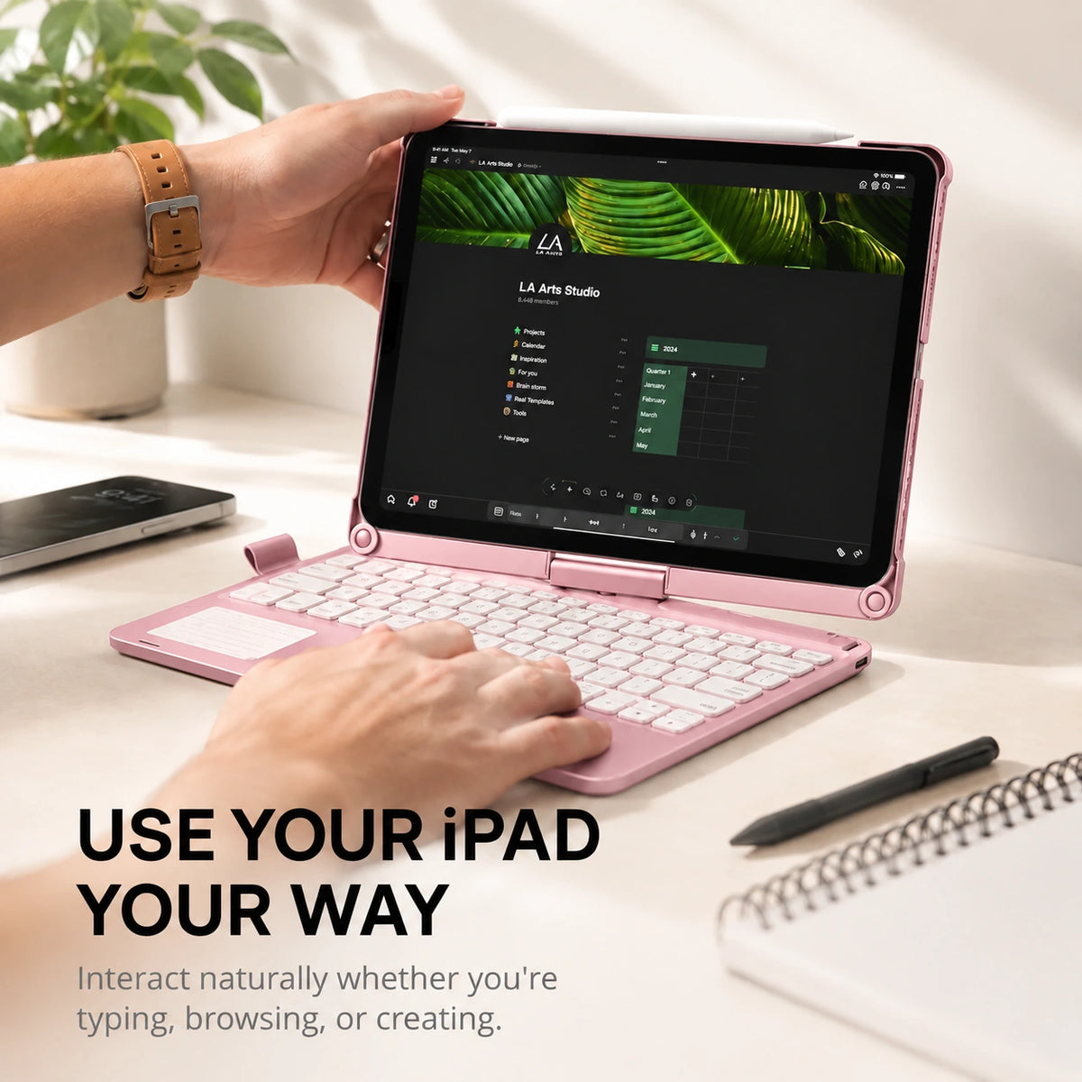 Rose Pink rotating tablet keyboard case adjusting the tablet position #color_Rose Pink